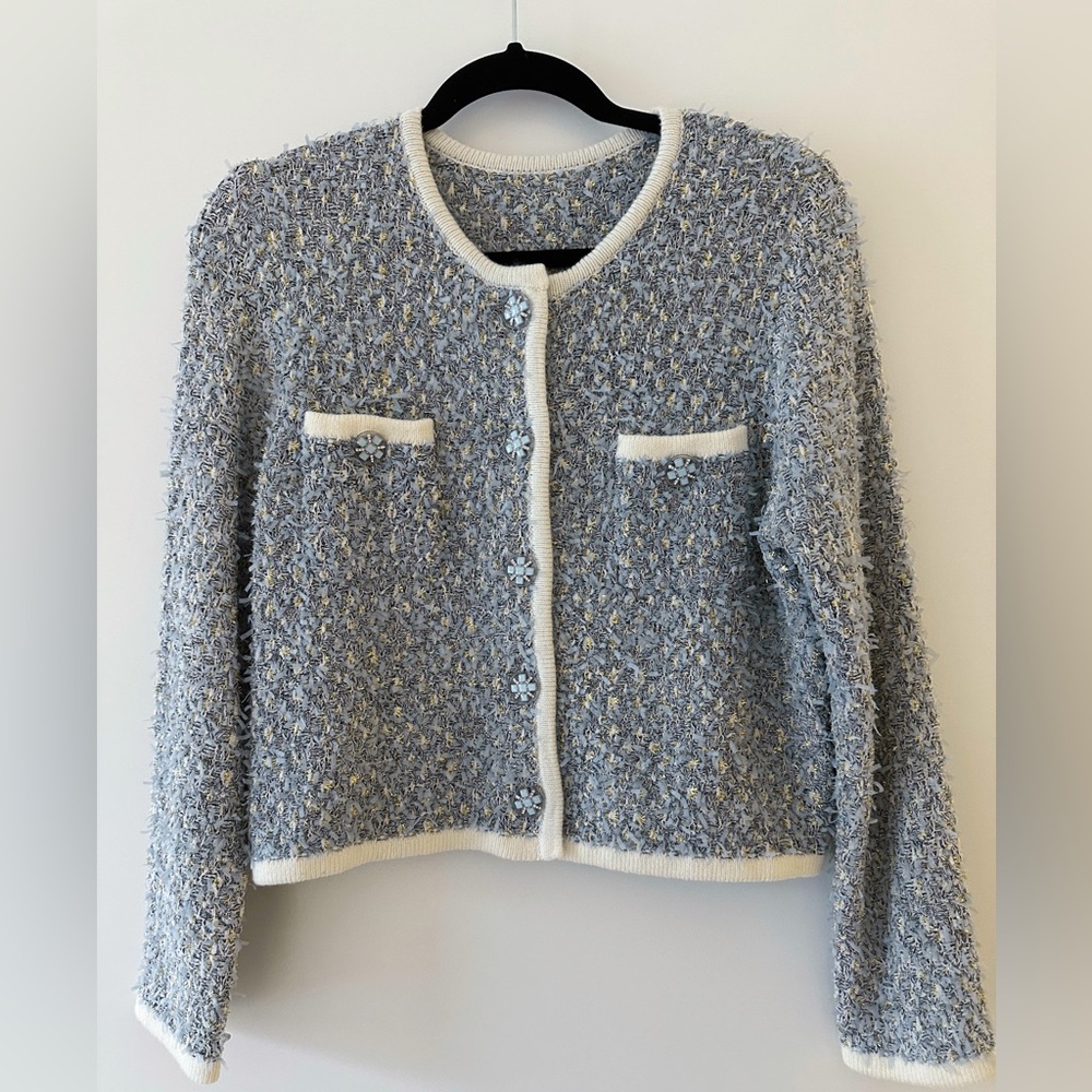 Beautiful cardigan in sky blue with gold detailing